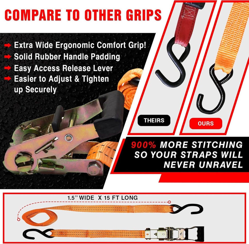 Ratchet Straps Tie Downs 4 Pk 1.5 in X 15 Foot 3300 Break Str Heavy Duty Padded Grips with Duffle Bag and Ratchet Strap Keepers K57917