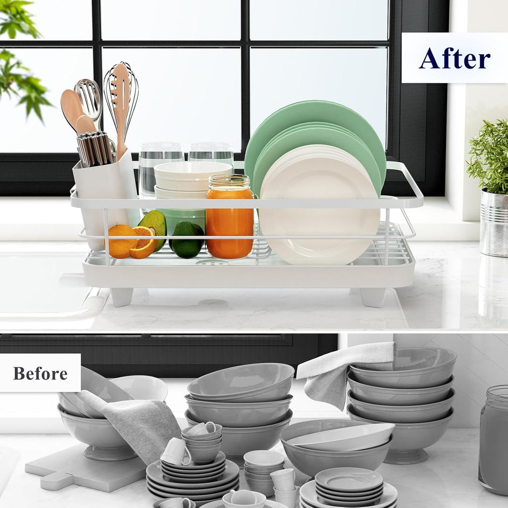 White Stainless Steel Dish Drying Rack with Cutlery Holder A56473