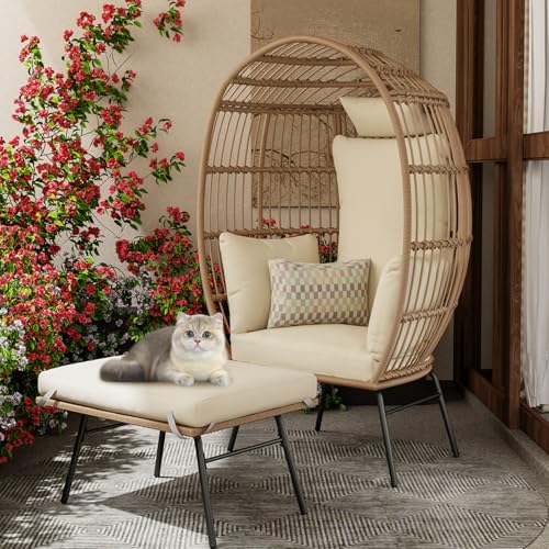 Oversize Grey Wicker Egg Chair with 4 Cushions and Ottoman H565