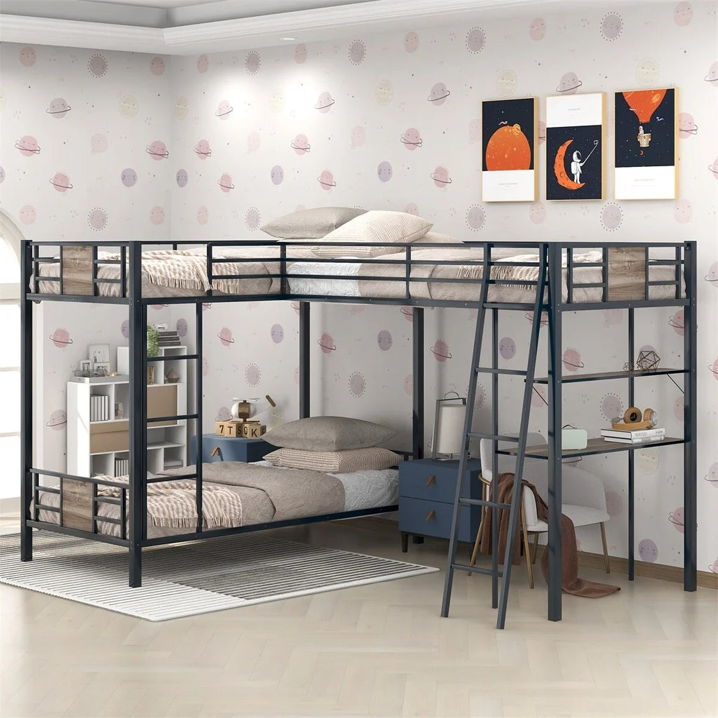 L-Shaped Twin over Twin Bunk Bed with Loft Bed and Desk I8727