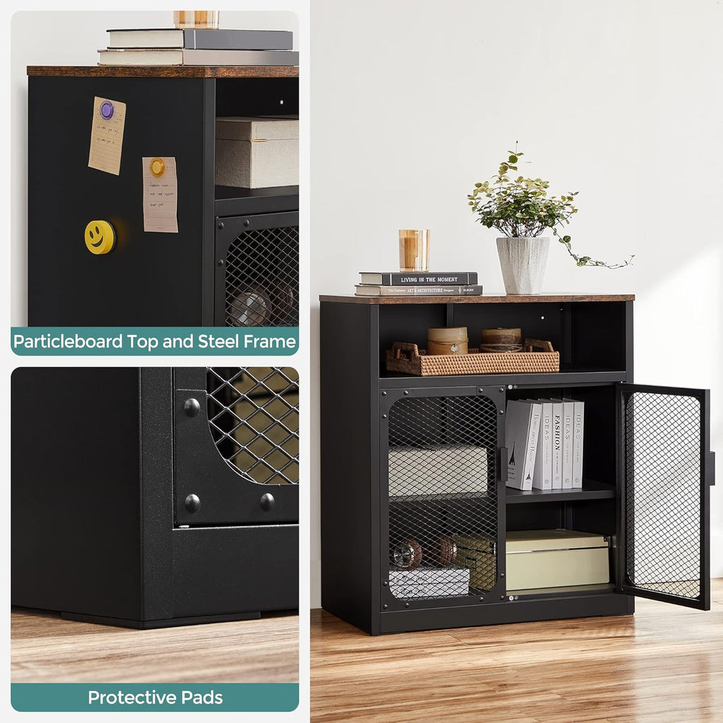 Rustic Brown and Black Storage Cabinet with Mesh Doors and Adjustable Shelf W9785