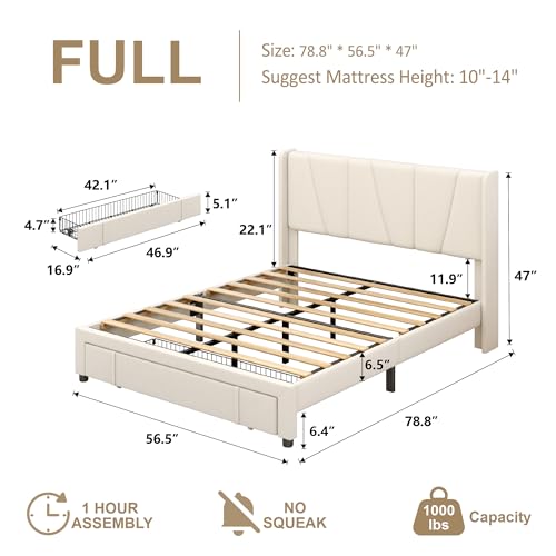 Beige Queen Upholstered Platform Bed Frame with Storage Drawers N70727
