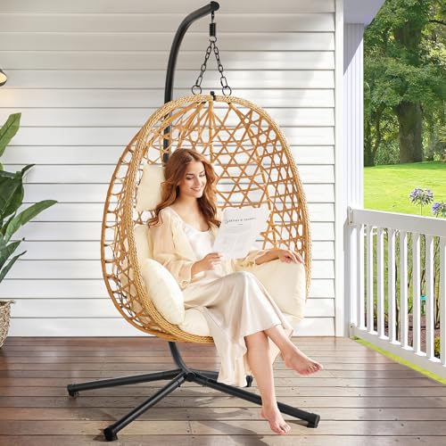 Beige Wicker Rattan Egg Chair with Stand J313484