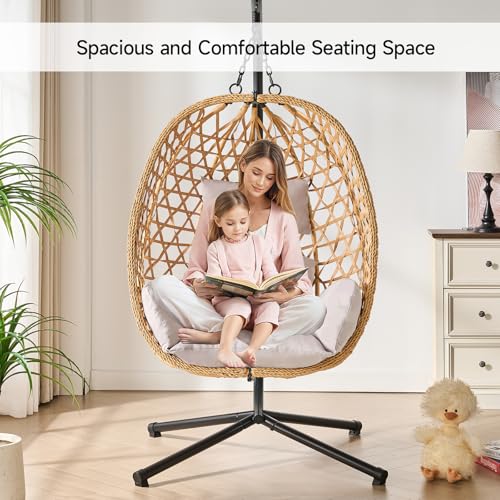 Beige Wicker Rattan Egg Chair with Stand J313484
