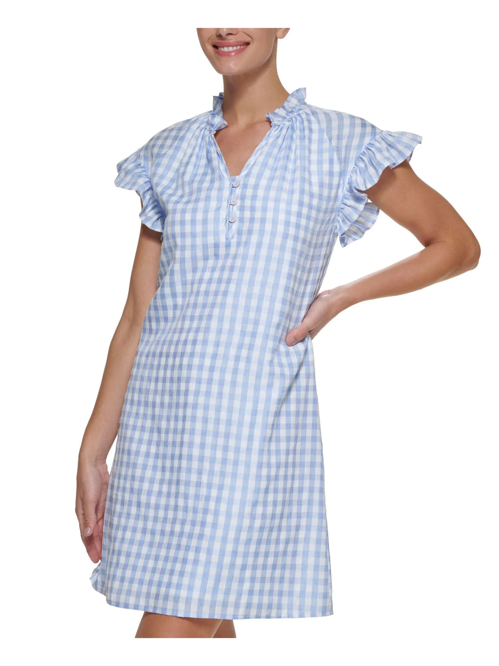 Blue Ruffled Button Detail Lined Gingham Flutter Sleeve Short Shift Dress V2196
