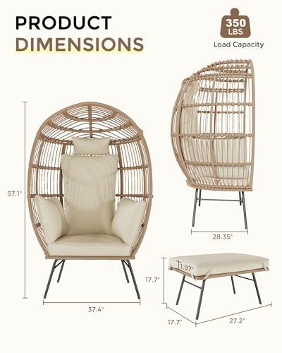 Oversize Grey Wicker Egg Chair with 4 Cushions and Ottoman H565