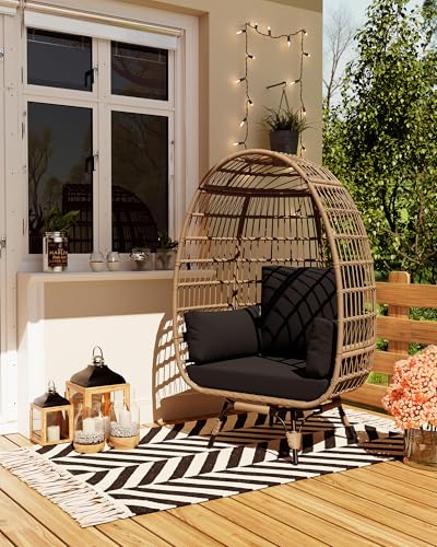 Oversize Grey Wicker Egg Chair with 4 Cushions and Ottoman H565