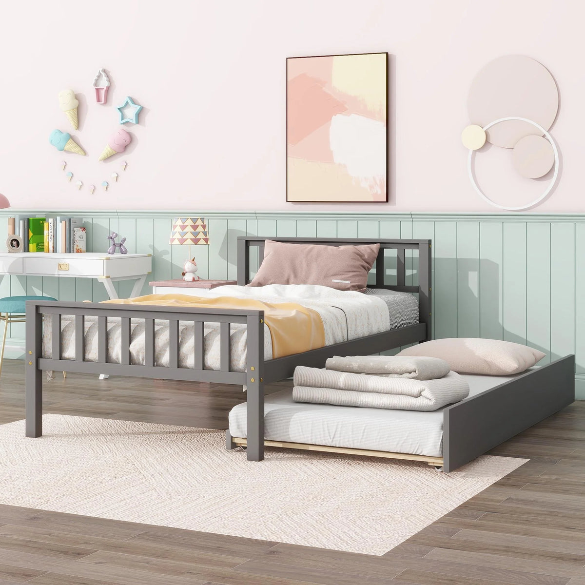 Gray Twin Size Wood Platform Bed with Trundle M991