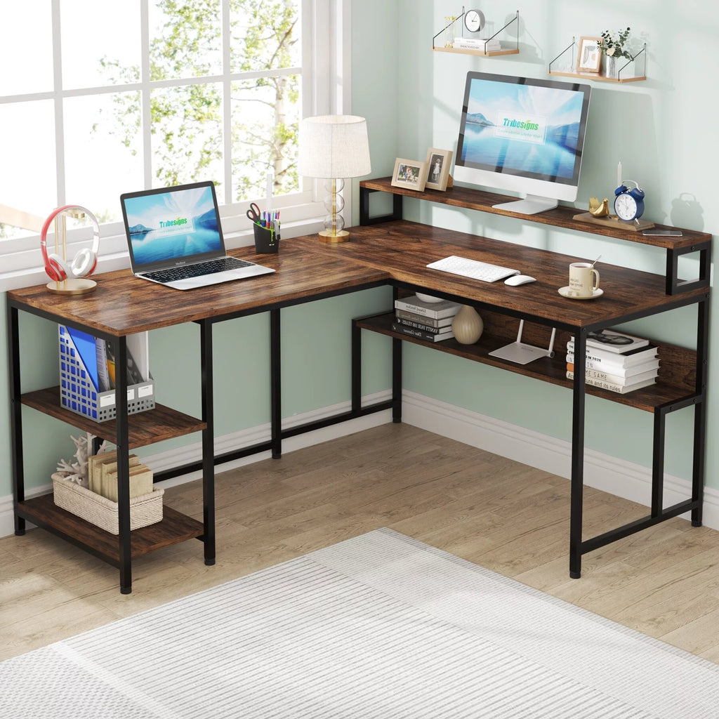 59" L Shaped Desk with Monitor Stand and Storage Shelf N759