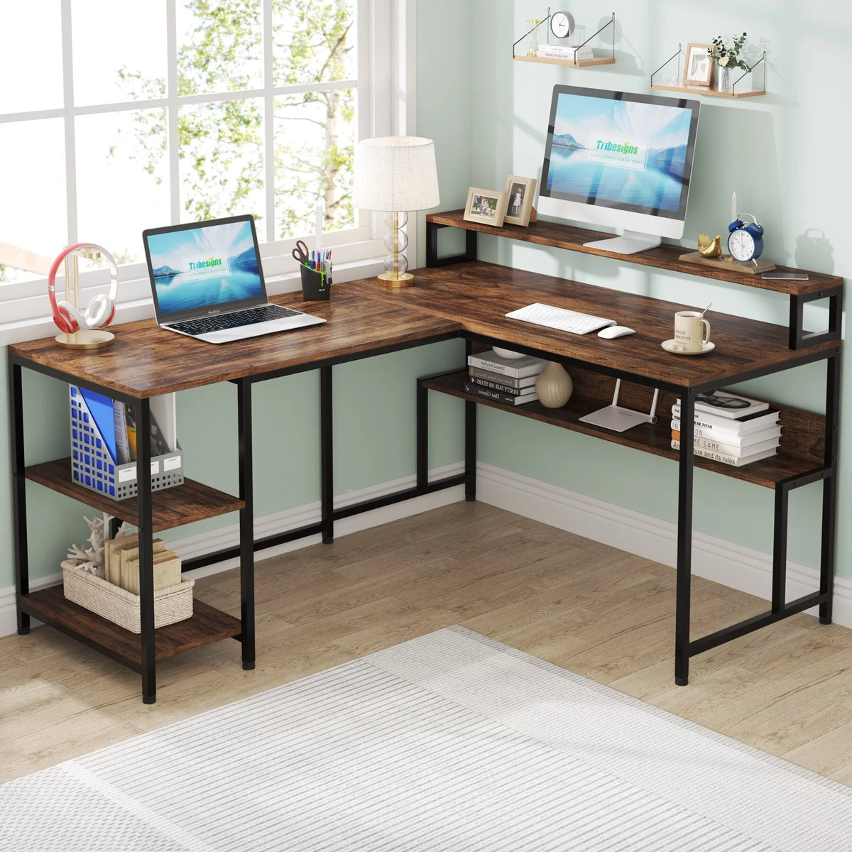 59" L Shaped Desk with Monitor Stand and Storage Shelf N759