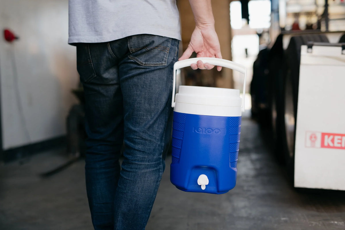2-Gallon Plastic Beverage Jug with Hooks Blue Y91719