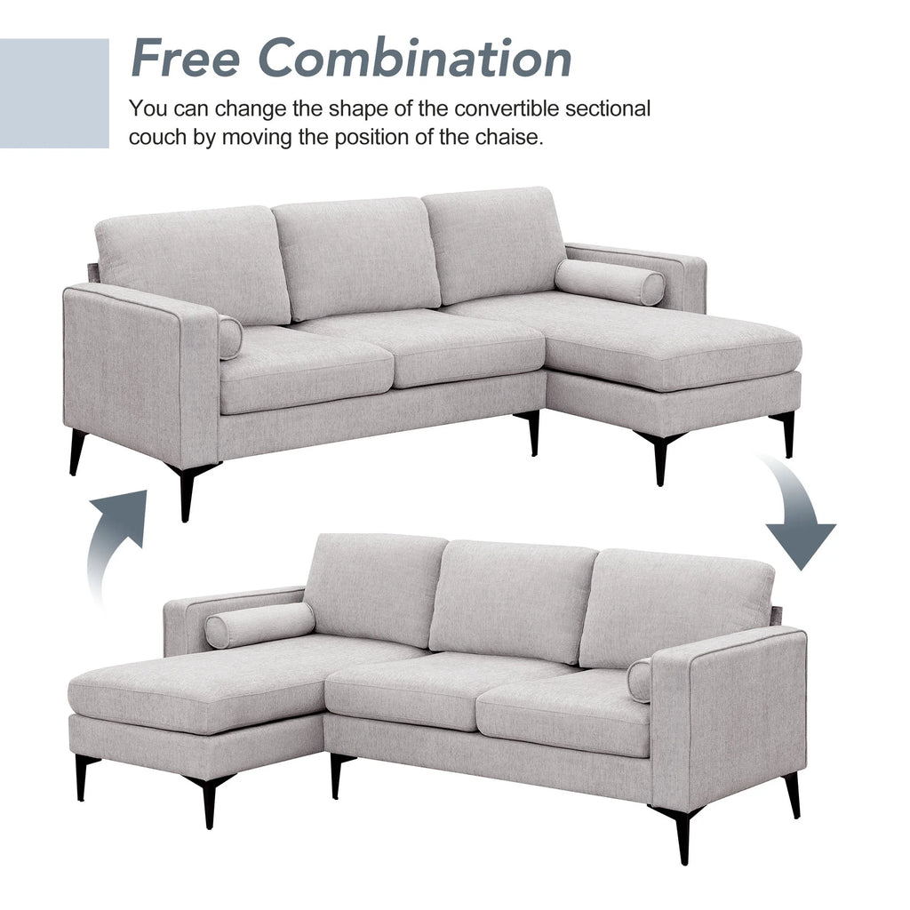 L-Shaped Sectional Sofa with Reversible Chaise, 3 Seater Chenille Fabric Modular Couch with Pillows Metal Legs Z462