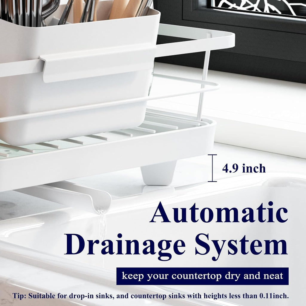 White Stainless Steel Dish Drying Rack with Cutlery Holder A56473
