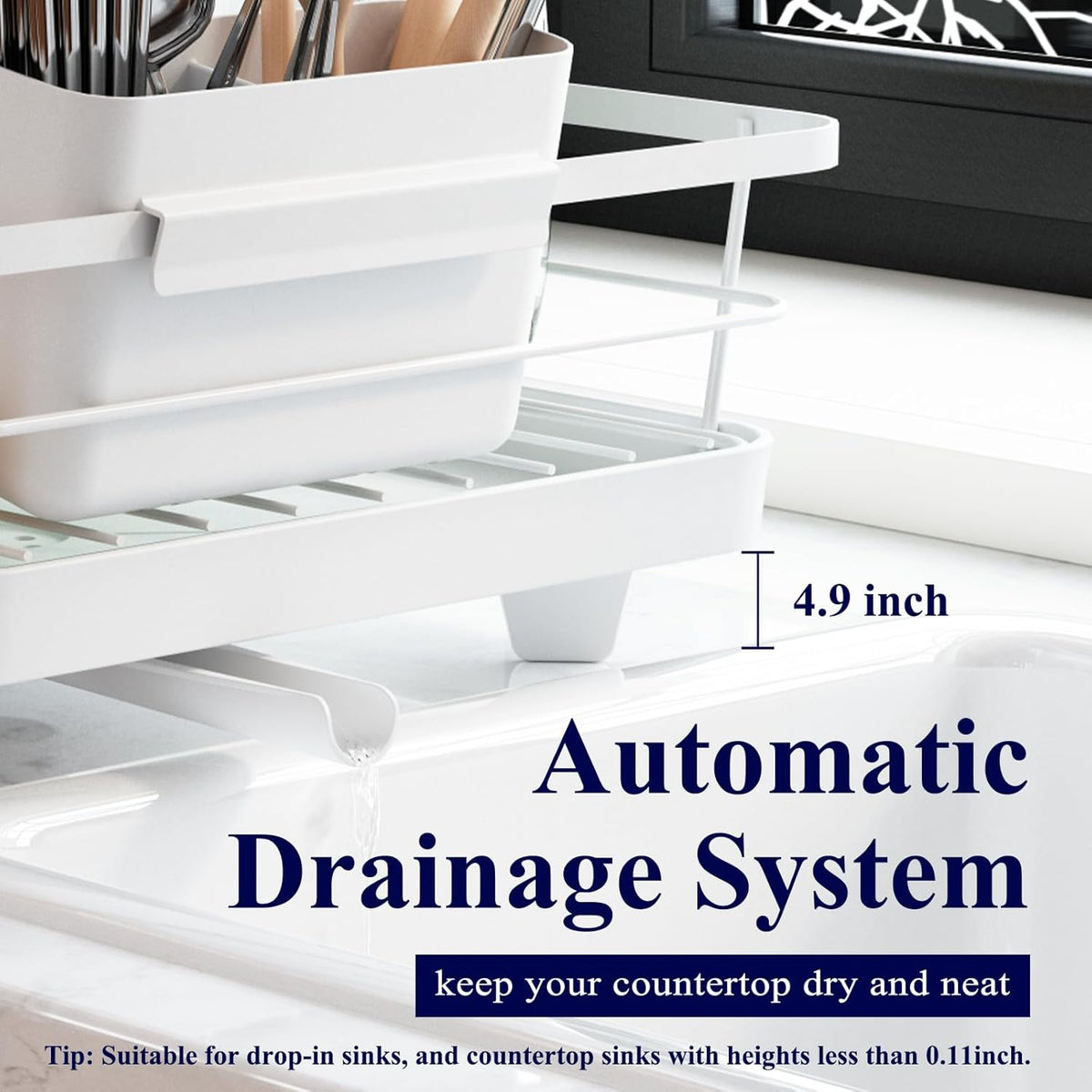 White Stainless Steel Dish Drying Rack with Cutlery Holder A56473
