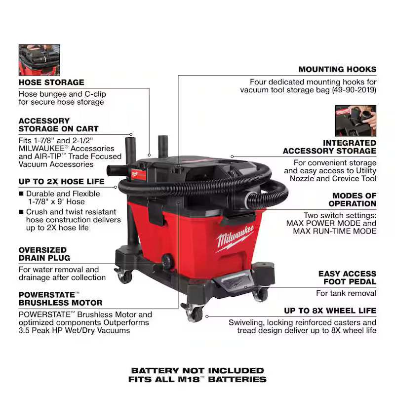 6 Gal. Cordless Wet/Dry Shop Vacuum with Filter, Hose and Brush and Crevice Tools M94577