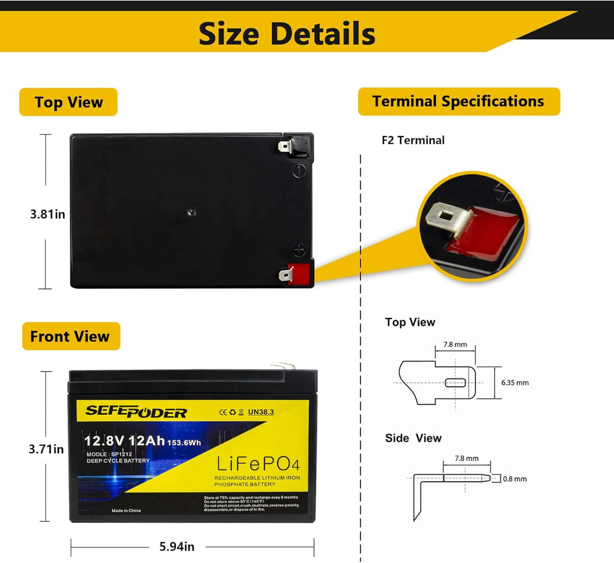 12V 12Ah LiFePO4 Lithium Ion Rechargeable Battery with Built-in BMS F3374
