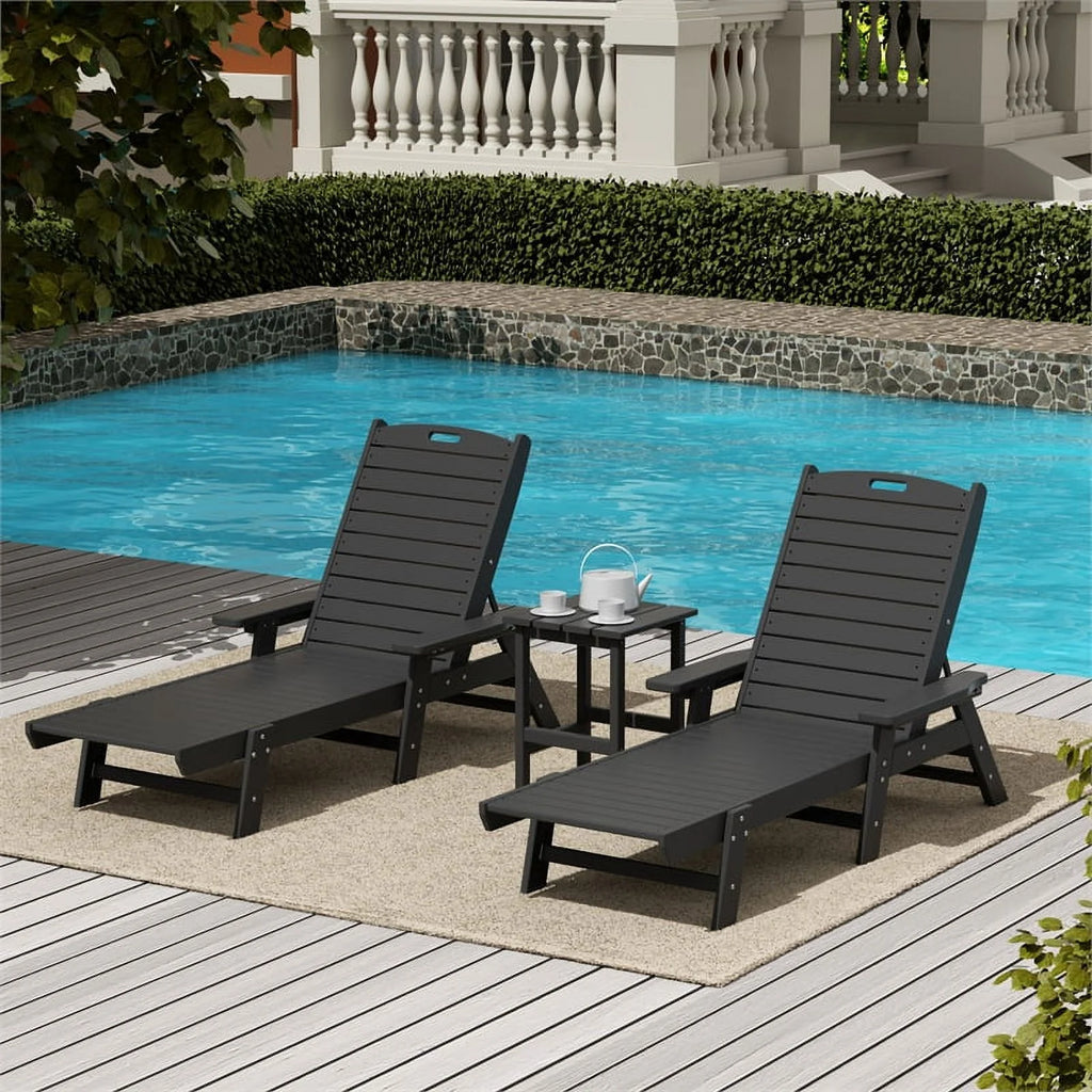 Gray 3PC HDPE Plastic Reclining Chaise Lounge Table Set O722