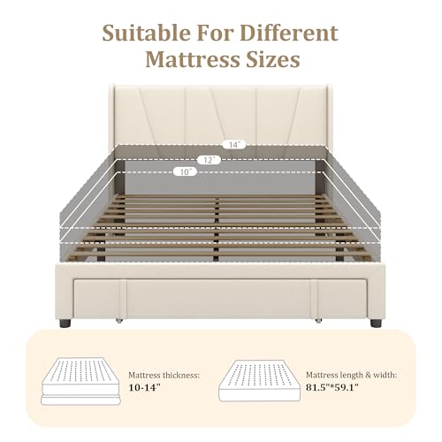 Beige Queen Upholstered Platform Bed Frame with Storage Drawers N70727