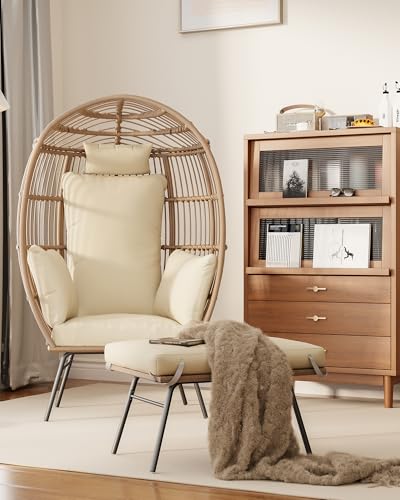 Oversize Grey Wicker Egg Chair with 4 Cushions and Ottoman H565