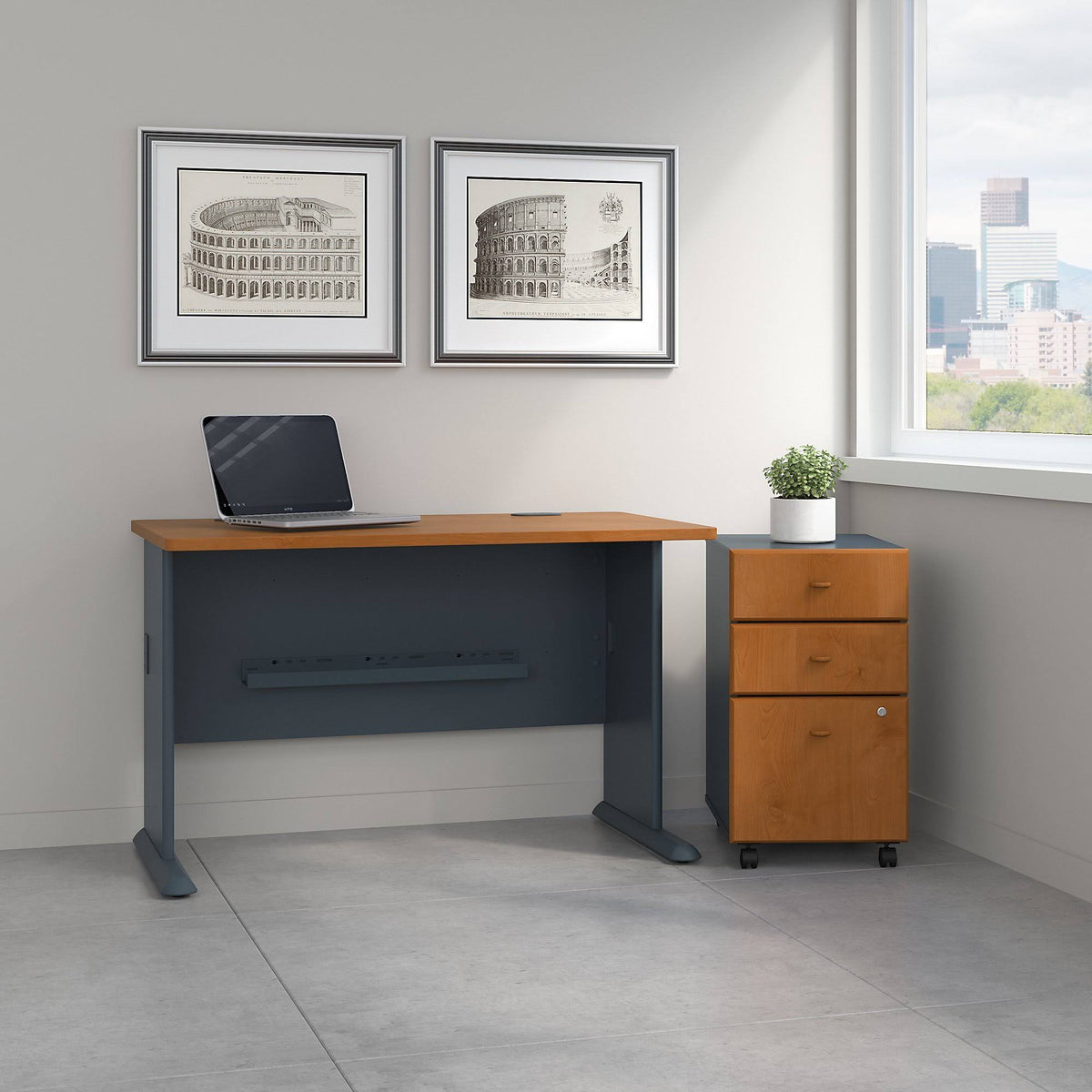 48W Desk with Mobile File Cabinet Natural Cherry Slate X4202