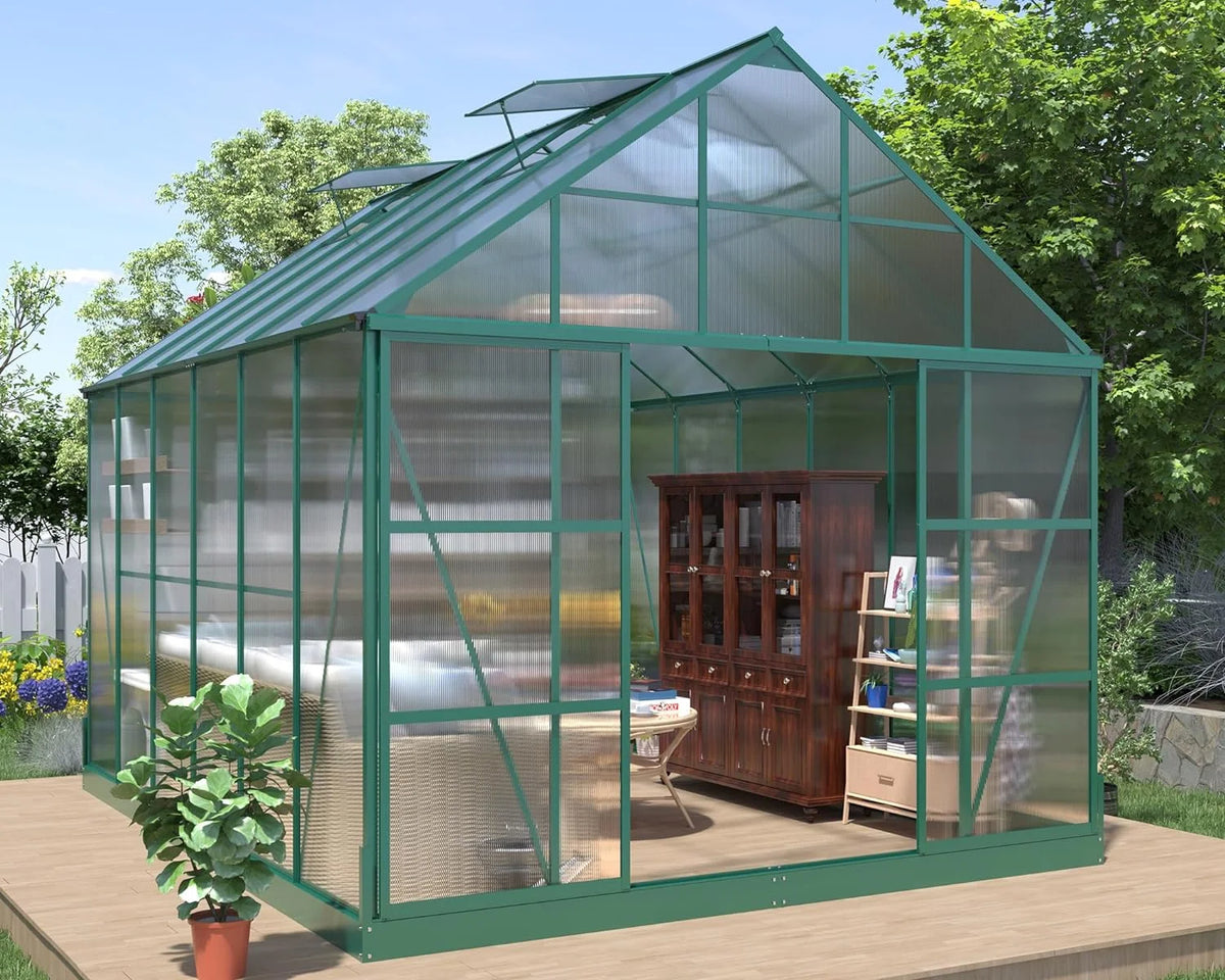 12x10x10 ft Polycarbonate Greenhouse with 2 Sliding Doors 4 Vents B462