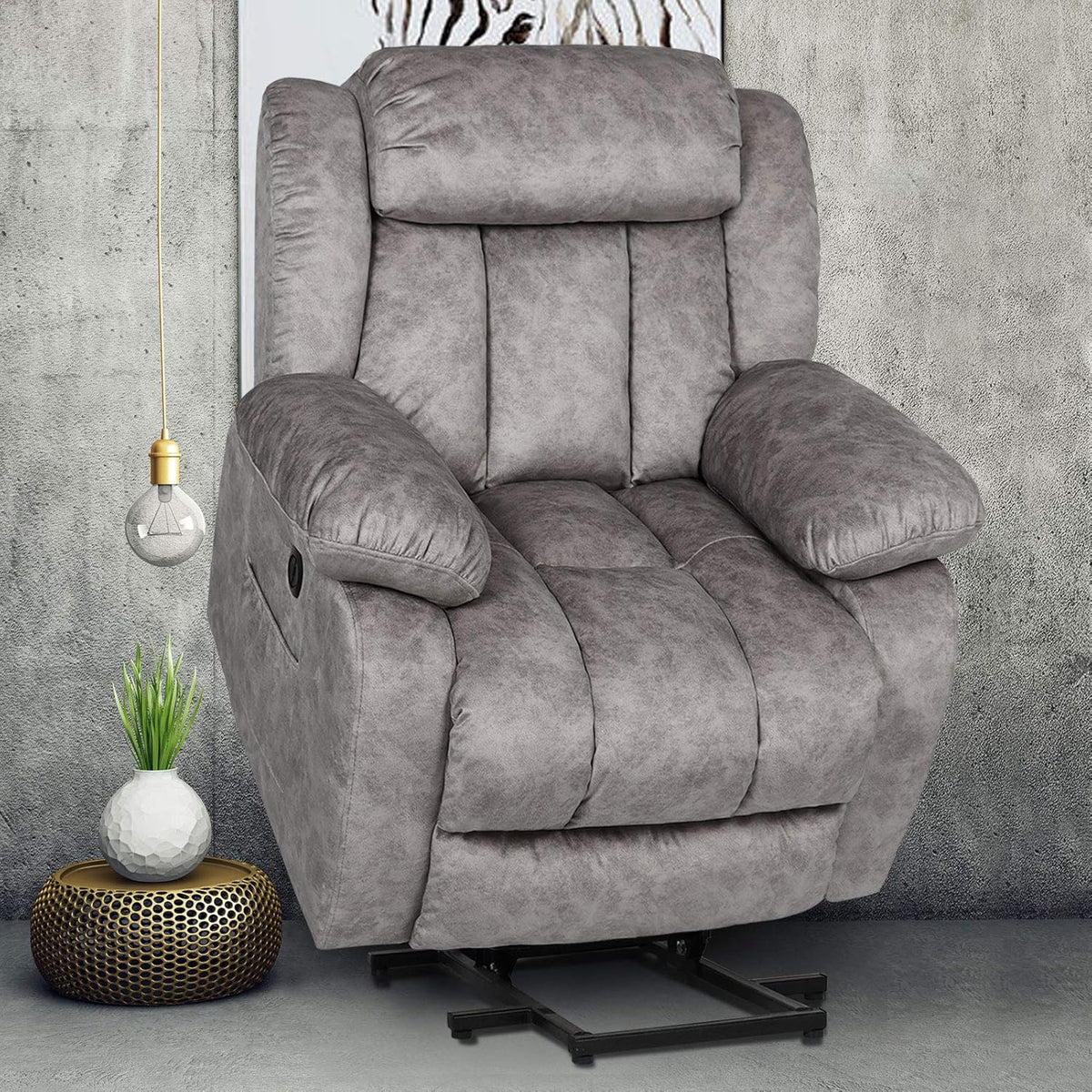 Dark Gray Plush Fabric Electric Power Lift Recliner Chair with Massage and Heat F75626