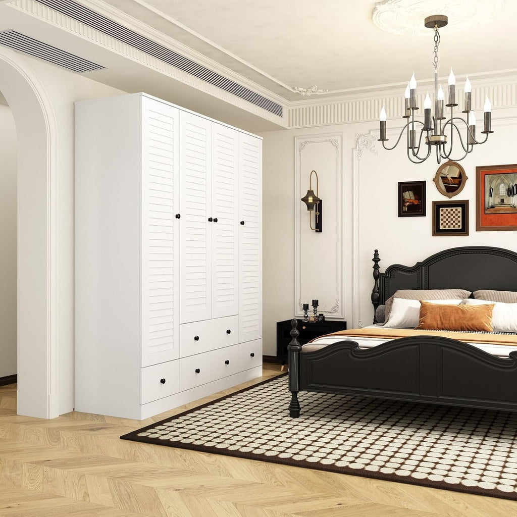 Rustic White Slat Door Wardrobe with 5 Drawers and 4 Doors P822860