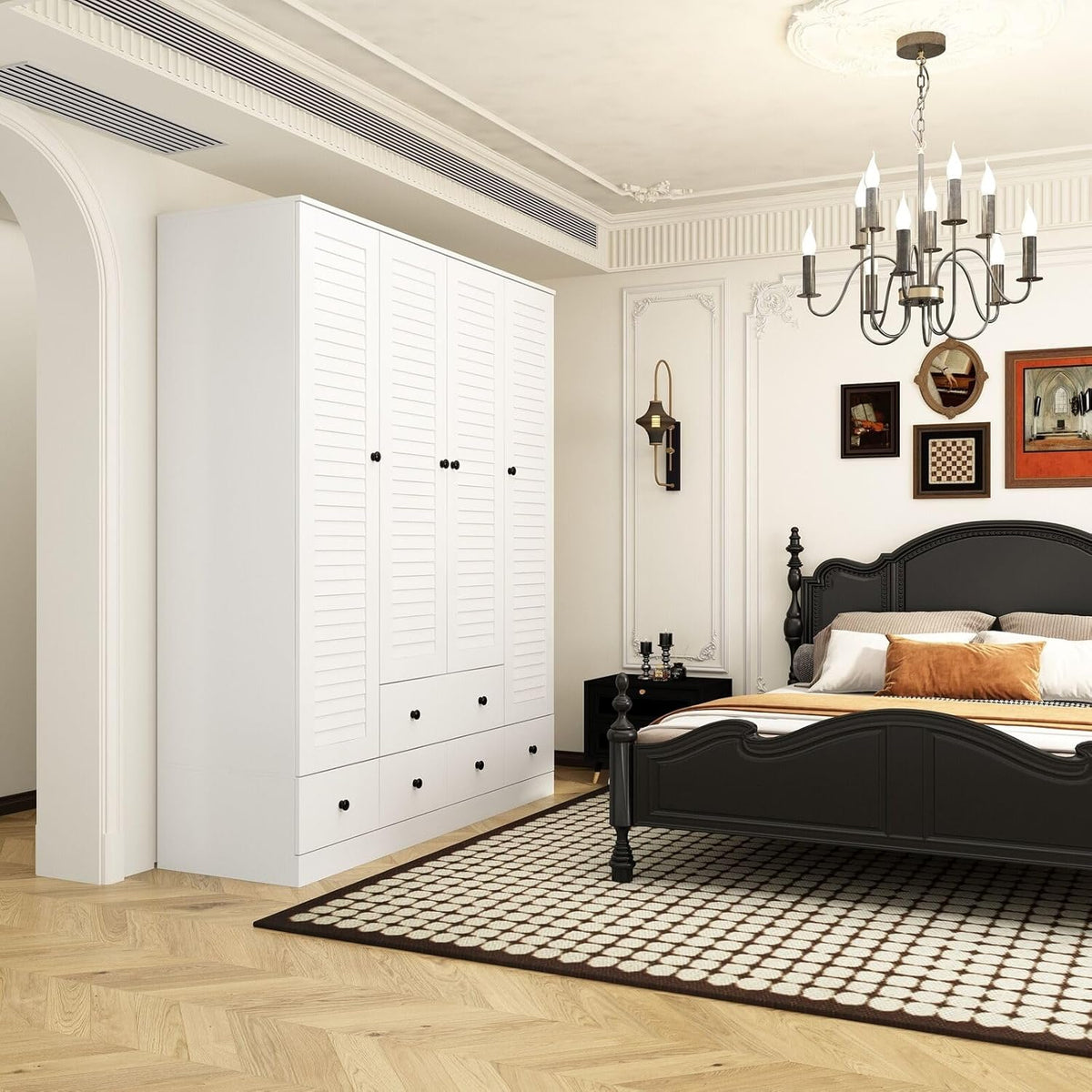 Rustic White Slat Door Wardrobe with 5 Drawers and 4 Doors P822860
