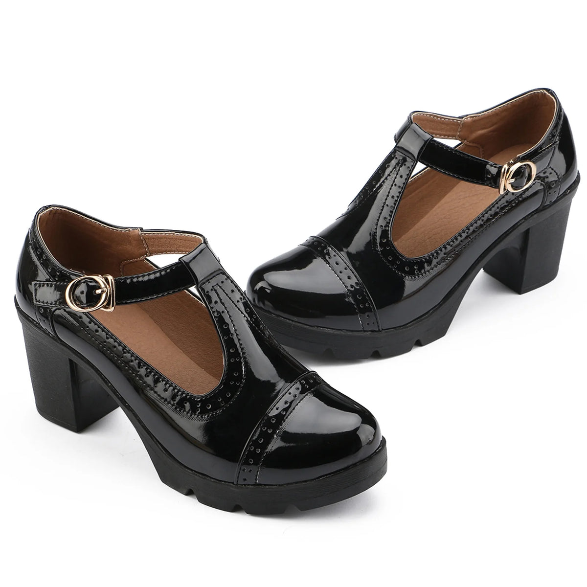 Black Patent Leather T-Strap Platform Mary Jane Pumps V893