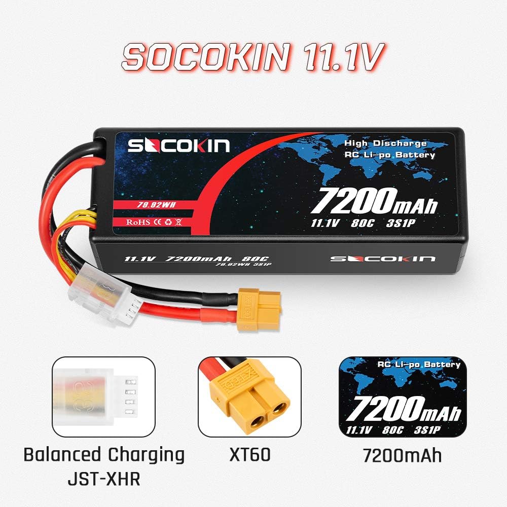 2 Pack 11.1V 7200mAh 80C Hard Case Lipo Battery XT60 Plug R387
