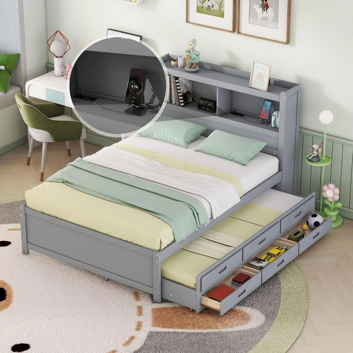 Full Size Wood Platform Bed with Trundle and Storage Drawers U544602