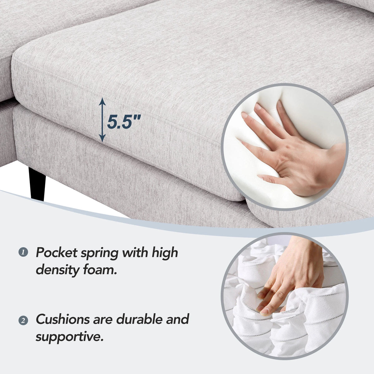 L-Shaped Sectional Sofa with Reversible Chaise, 3 Seater Chenille Fabric Modular Couch with Pillows Metal Legs Z462
