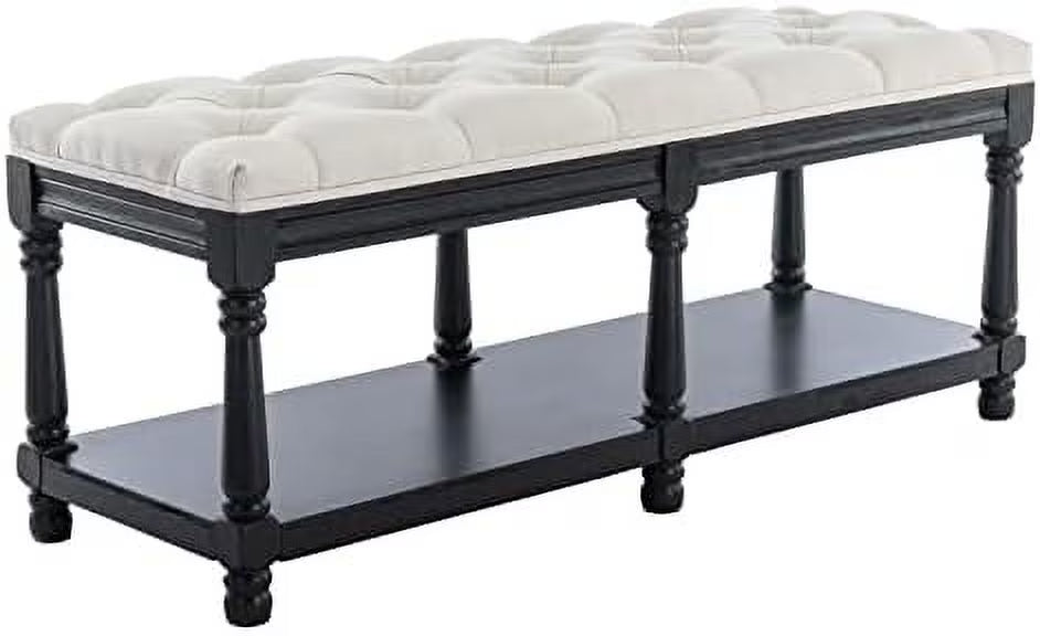 Grey Linen Tufted Bench with Shelf K677243