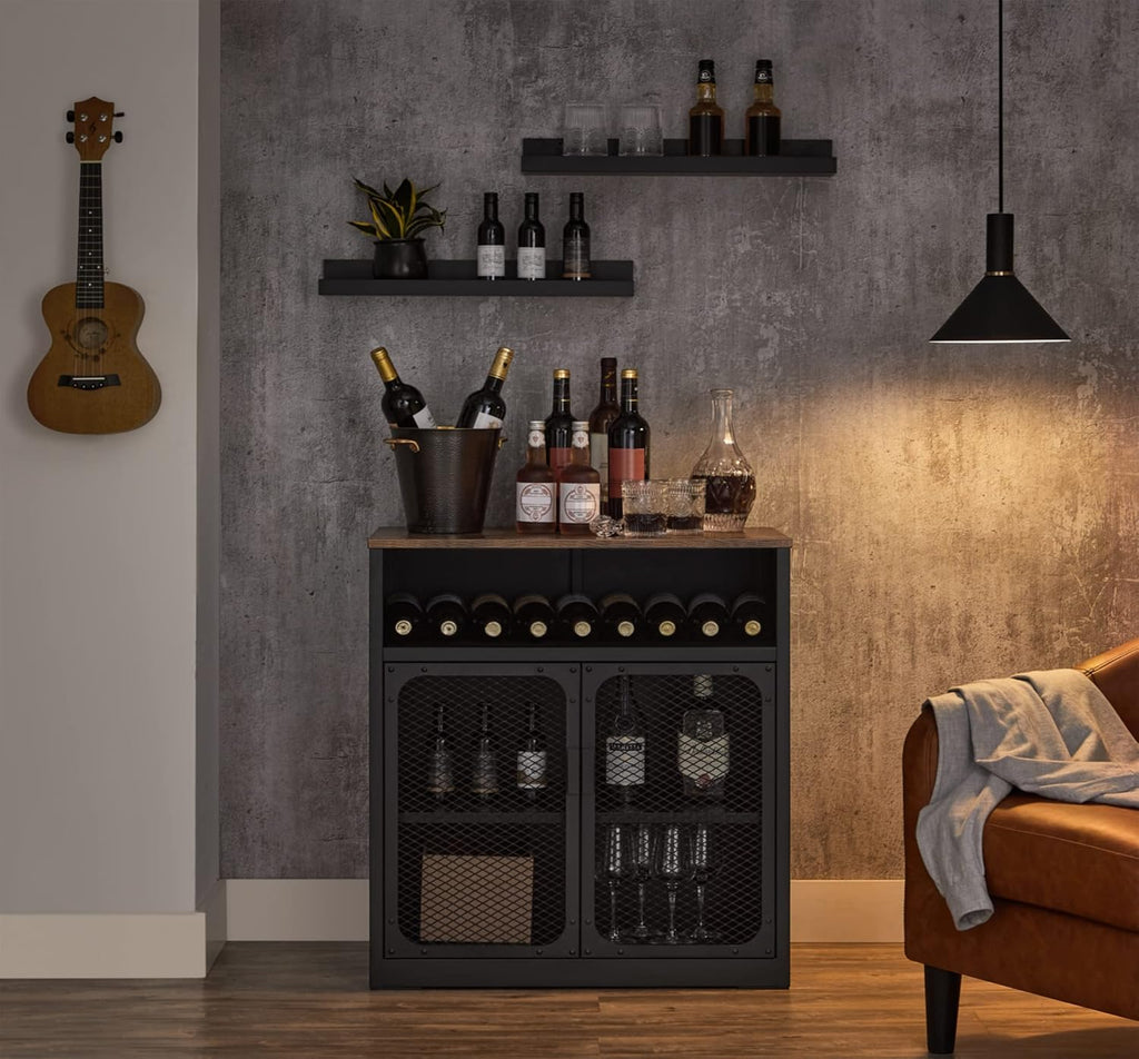 Rustic Brown and Black Storage Cabinet with Mesh Doors and Adjustable Shelf W9785
