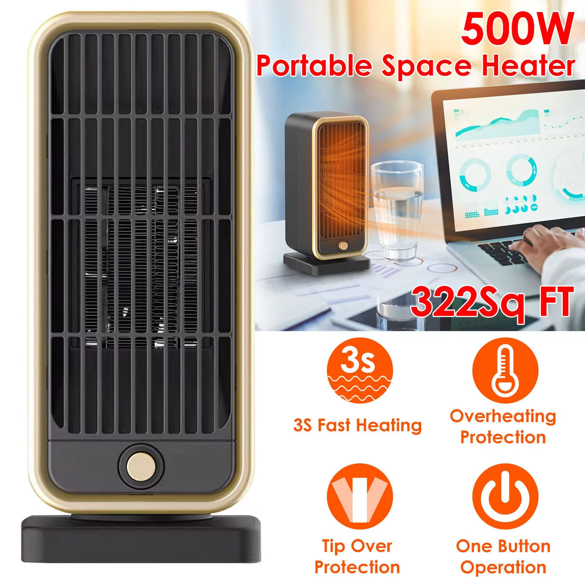 10" Portable Electric Ceramic Space Heater 500W O153
