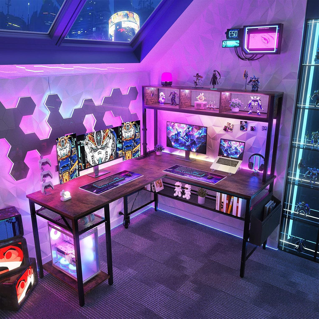 55 Inch L Shaped Gaming Desk with LED Lights & Power Outlets, Rustic Brown Q439100