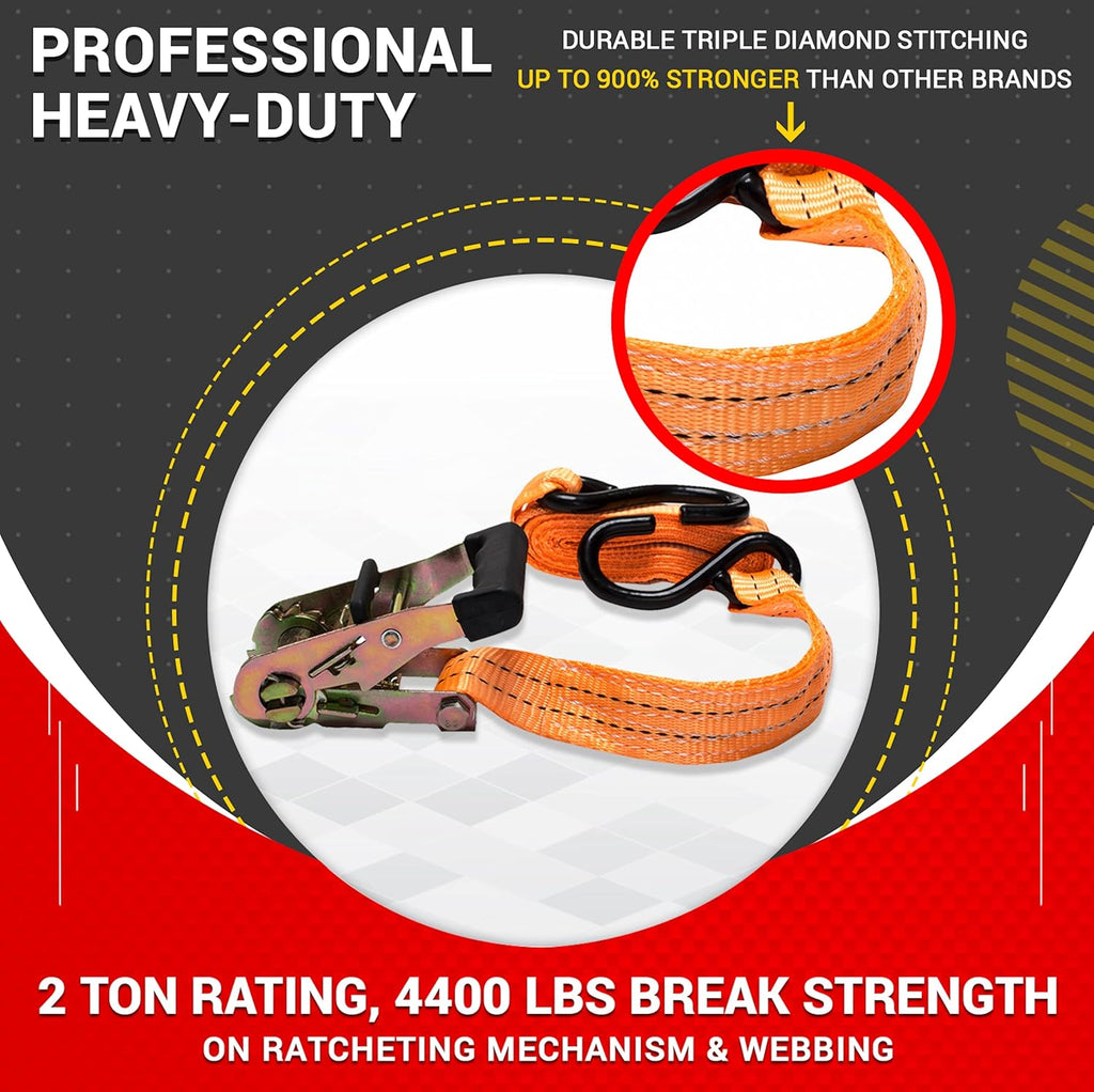 Ratchet Straps Tie Downs 4 Pk 1.5 in X 15 Foot 3300 Break Str Heavy Duty Padded Grips with Duffle Bag and Ratchet Strap Keepers K57917