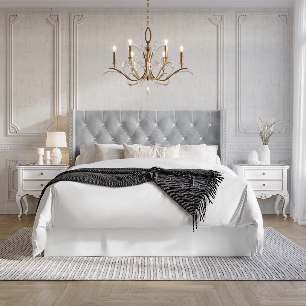 Button Tufted Wingback Velvet Upholstered Bed, Navy Blue, Queen S8051