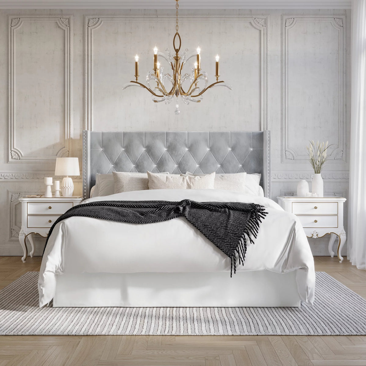 Button Tufted Wingback Velvet Upholstered Bed, Navy Blue, Queen S8051