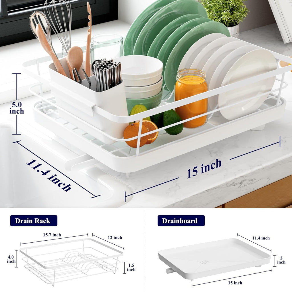 White Stainless Steel Dish Drying Rack with Cutlery Holder A56473