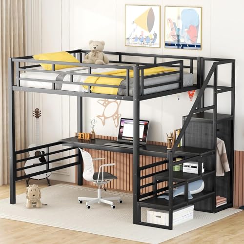 Full Size Metal Loft Bed with Desk and Wardrobe X5754