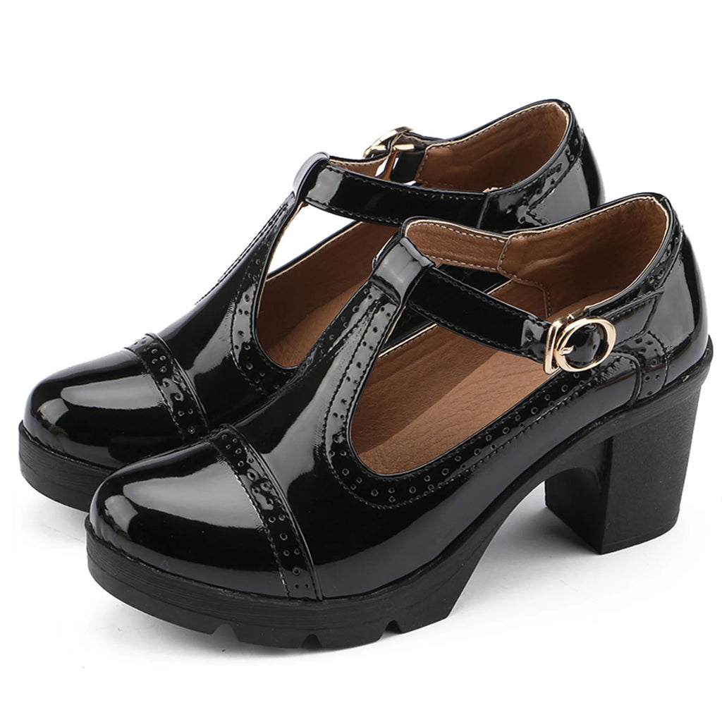 Black Patent Leather T-Strap Platform Mary Jane Pumps V893