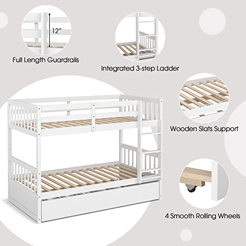 White Twin Over Twin Bunk Bed with Trundle P7567