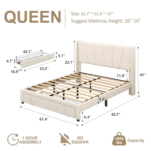 Beige Queen Upholstered Platform Bed Frame with Storage Drawers N70727