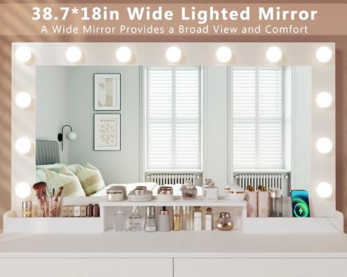 White Vanity Desk with Lights and Large Mirror J566