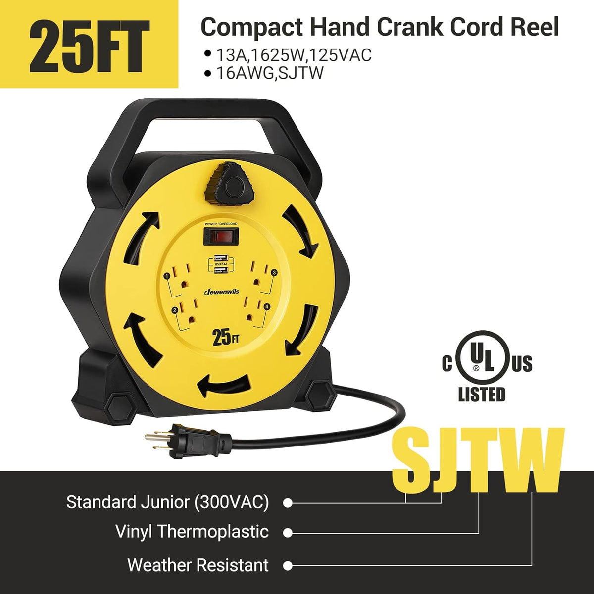 25FT Retractable Extension Cord Reel with 4 Power Outlets, 2-USB Ports, Heavy Duty SJTW 16/3 Cable, 13A Circuit Breaker, Pack of 2 Q4842