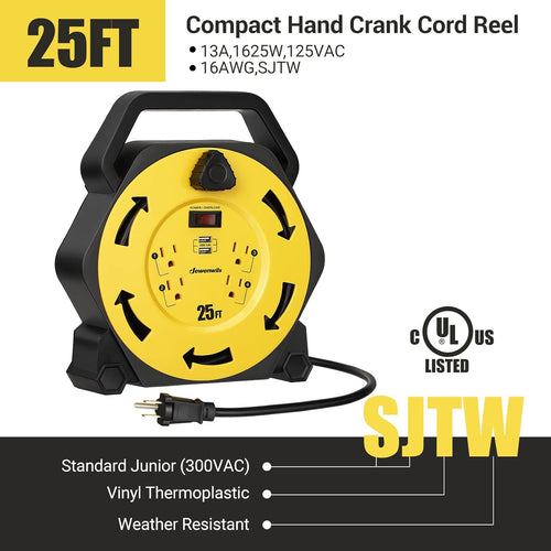 25FT Retractable Extension Cord Reel with 4 Power Outlets, 2-USB Ports, Heavy Duty SJTW 16/3 Cable, 13A Circuit Breaker, Pack of 2 Q4842