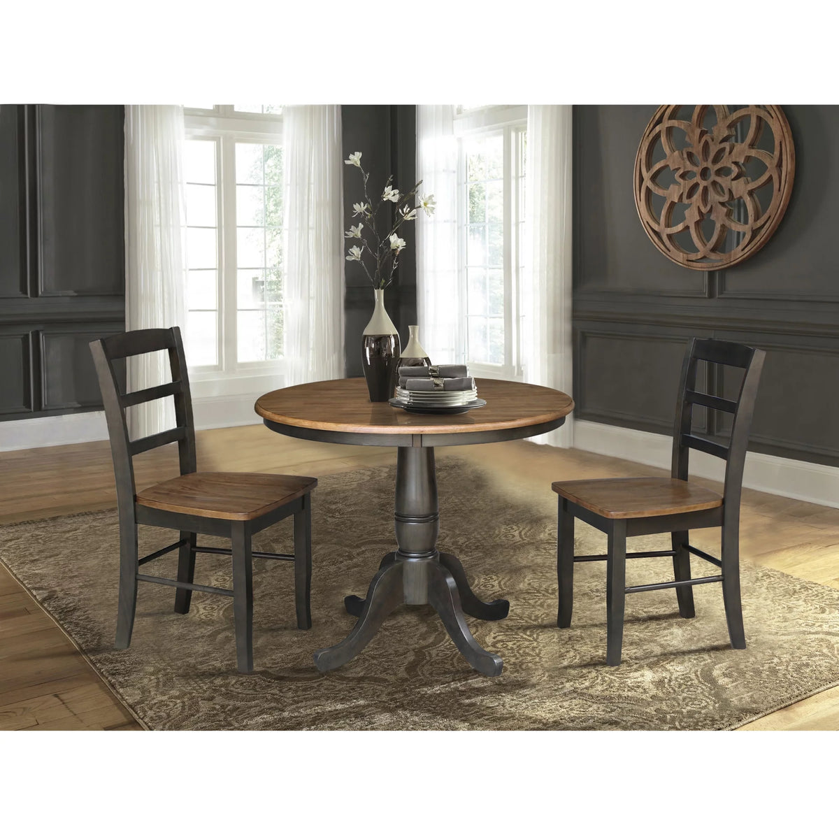 3-piece Solid Wood Dining Set with Round Pedestal Table and 2 Ladder Back Chairs R154