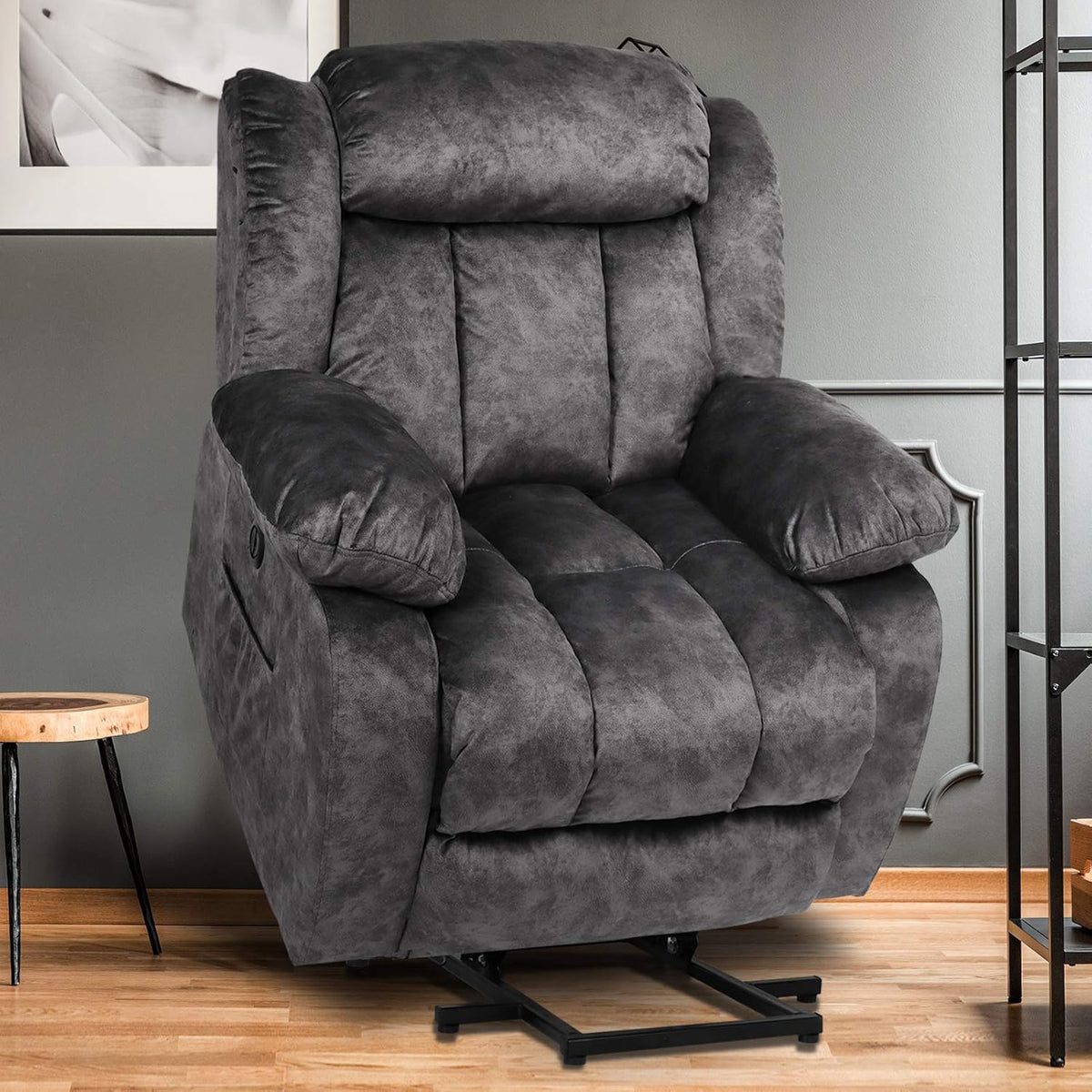 Dark Gray Plush Fabric Electric Power Lift Recliner Chair with Massage and Heat F75626