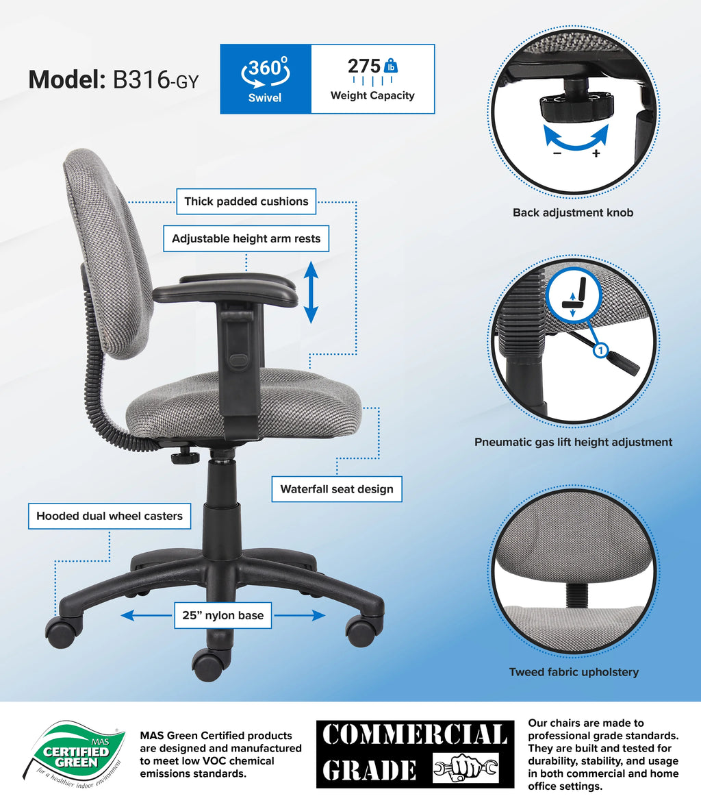 Grey Adjustable Office Task Chair with Adjustable Arms L90527